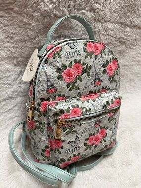 Floral Paris Mini Backpack - Pink Roses on Mint